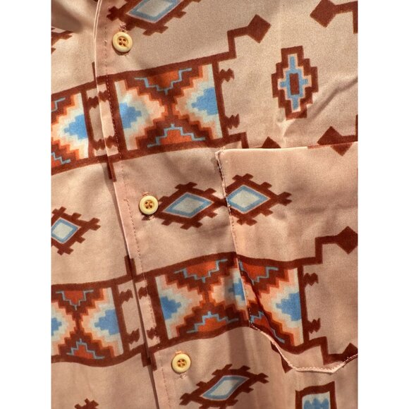 VTG 70s Disco Catalina Associates Aztec Print Button-Up Shirt L Peach Polyester - Picture 7 of 7